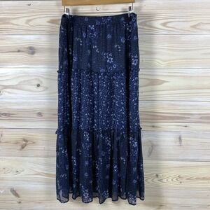 New Style&Co Boho Maxi Skirt Women XXL Sheer Blue Floral Tiered Peasant Cottage